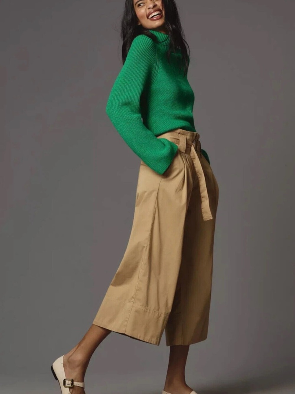 Anthropologie Maeve Tan Wide-Leg culotte Crop Belted work Pants high waist Sz 6 - Picture 3 of 13